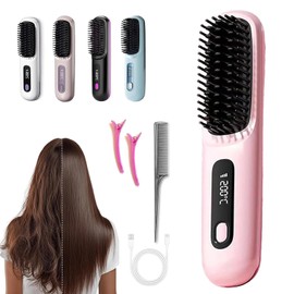 Go Brush Pro 2025 New,Cordless Hair Straightener Brush,Portable Straightener Comb, Straightening Comb Rechargeable Go Travel Hot Combs Mini with Temperature Display for Women(Pink)