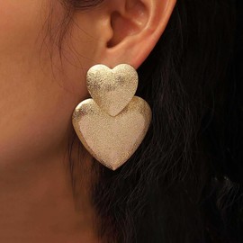 Cybche Vintage Double Heart Earrings Large Heart Drop Earrings Golden Textured Heart Stud Earrings Metal Heart Statement Earrings Matte Love Heart Earrings Jewellery for Women, Zinc