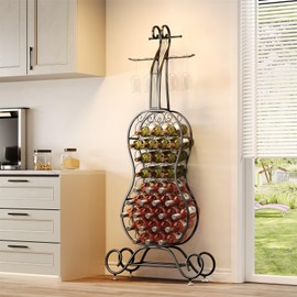 HavenlyYouth Cello-Shaped Wine Rack Freestanding Floor with Glass Holder,Wine Holder for 32 Bottles,Metal Wine Storage Organizer, Decorative Wine Shelf for Home Bar,Living Room, Kitchen