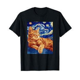 Starry Night Famous Painting Cat T-Shirt for Men Women Girls Kids