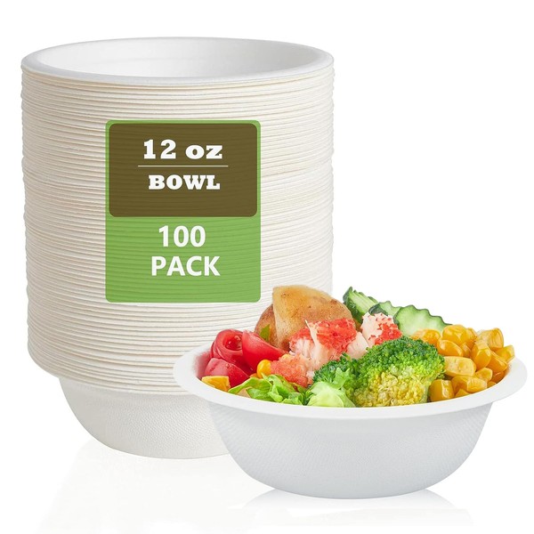 PALUDO 100 Piece Disposable Paper Bowls, 350ml White Strong Bagasse Bowls Biodegradable and Compostable Soup Bowls, Sugarcane Bowls for Parties BBQ Picnic Daily Use