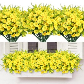 HIAGROW Spring Artificial Flowers Outdoors 12 Bundles Yellow Artificial Petunias Fake Flowers UV Resistant Shrubs Plants with Fern for Indoor Outside Hanging Planters Home Garden Summer Decorations