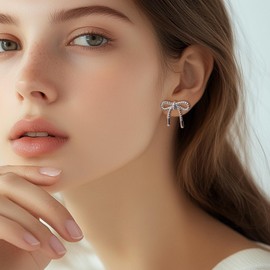 Frigotine Silver Bow Stud Earrings for Woman, Cute Statement Textured Ribbon knot Earing Prom Bridal Wedding Accessories Fashion Preppy Jewelry Gifts