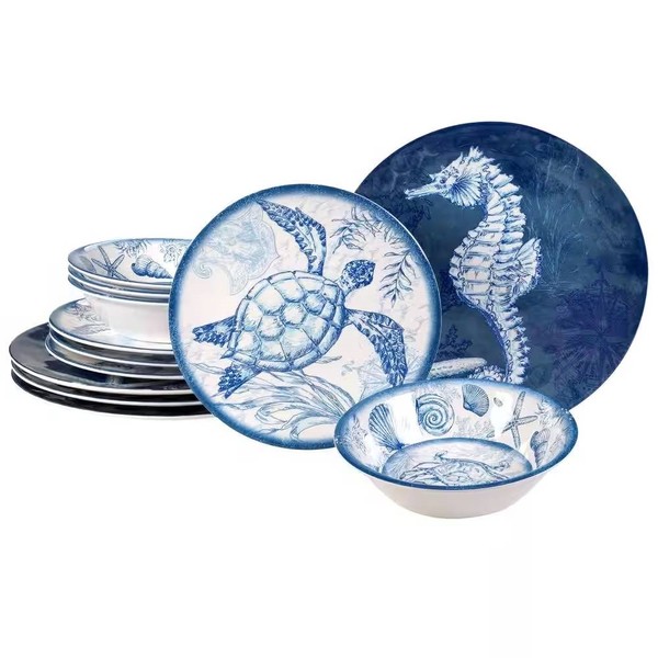 FastFurninshing 12-Piece Sea Shells Ocean Theme Dinnerware Set in Blue