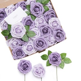 Ling's Moment Artificial Flowers 25Pcs Dusty Violet Roses Decor w/Stems,3" Real Touch DIY Foam Floral for Wedding Bouquet/Centerpieces, Outdoors Party Backdrop, Room/Table, and Garden/Pot Decorations