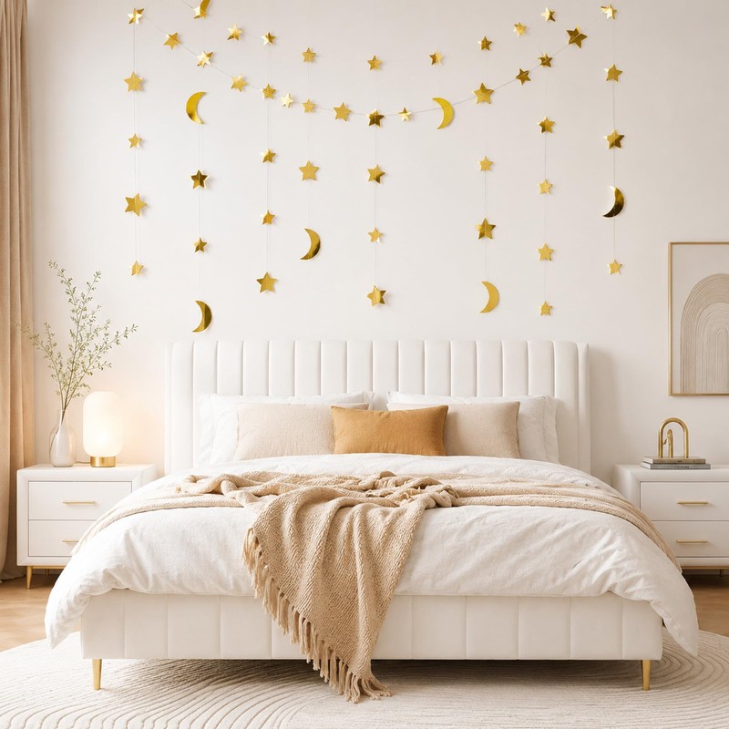 ZEYIYER 52Ft/12m Gold Star Garland, Moon Stars Bunting Decoration