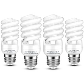 E26 CFL Light Bulbs 13Watt, T2 Spiral Soft White 2700K 900lm E26 Medium Base Compact Fluorescent Light Bulbs, UL Approved, 120v 60Hz, Self Ballasted CFL Bulbs (60Watt Equivalent), Pack of 4