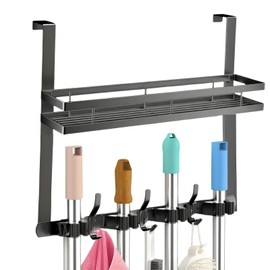 EARLESS BEAR Broom Holder Over The Door Over Door Broom and Mop Rack Over The Door Hooks Organizer With4 Slots & 3 Hooks 1 Storage Basket For Laundry Room, Garage, Closet, Kitchen Decor (black)
