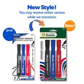 BAZIC Assorted Color Chisel Tip Permanent Markers Pens Marcador, Coloring on Plastic Wood Glass, Art School Office (3/Pack), 1-Pack