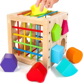 HELLOWOOD Juguetes Montessori para niños de 1 año en adelante, cubo clasificador de madera con 8 formas de traqueteo, juguetes de aprendizaje de desarrollo para bebés, niños y niñas, embalaje de