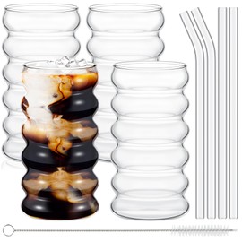Tessco 4 Pcs Creative Glass Cups Vintage Drinking Glasses Ribbed Glassware Aesthetic Cups Entertainment Dinnerware Glassware with Straws Set for Kitchen Coffee Juice Beverage (Clear,16 oz)