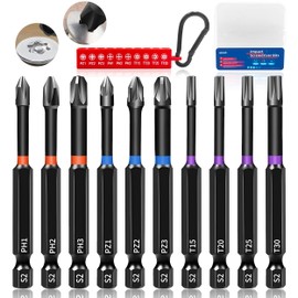 KASAFE 10Pcs 90mm Magnetic Impact Driver Bits,S2 Steel Phillips Pozidriv and Torx Screwdriver Bits,Multi-Size Durable Design for Heavy-Duty Use, Universal 1/4" Hex Shank for Power Drivers