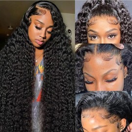 Kdmidun 32 Inch 13x6 Deep Wave Lace Front Wigs Human Hair Pre Plucked 200% Density HD Transparent Lace Frontal Wigs Human Hair for Women Deep Curly Wig Natural Black