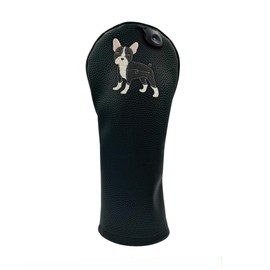 Black French Bulldog PU Leather Golf Club Covers Driver Headcovers Fairway Woods Hybrid Protector with Interchangeable Number Tag