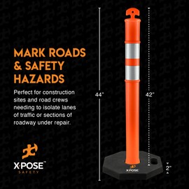 44" Delineator Post with Base - 3pk - T Top Orange Traffic Stanchion with 10" Reflective Band - 13 lb Octagonal Rubber Base - Security, Street Safety Cordon, Garage Parking Aid - Xpose Safety