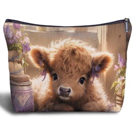 Zomhix Lavender Floral Highland Cow Makeup Bag, Highland Cow Gifts, Cow Makeup Bag, Cow Gifts for Cow Lovers Women, Cute Cow Stuff, Cute Western Cow Cosmetic Bag Toiletry Bag for Women