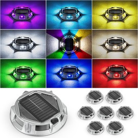 8Pack Aluminum Alloy Solar Driveway Lights, IP68 Solar Deck Light Marine Dock Lights Outdoor Waterproof, Multi-color LED Driveway Markers for Walkway, Path Decor [12Modes - Strobe/RGB/Fix-color]