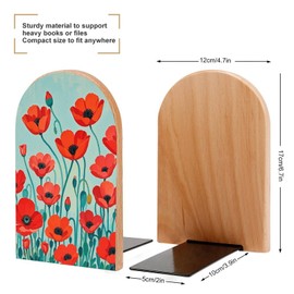 Wood Bookends Decorative Bookshelf Poppy Flowers Print Heavy Duty Wooden Book Shelf Decorate Bookshelves Book Stopper Book Holders Desk Accessories