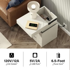 ChooChoo LED Nightstand with Charging Station, Smart Night Stand with Sliding Top Storage, 2-Drawers High Gloss Bedside Table, Modern End Table for Bedroom,White