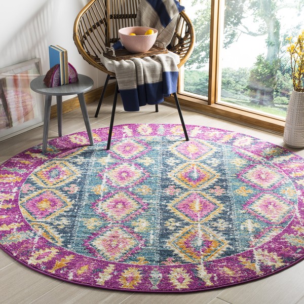SAFAVIEH Madison Collection MAD129F Boho Chic Distressed Non-Shedding Dining Room Entryway Foyer Living Room Bedroom Area Rug, 6'7" x 6'7" Round, Fuchsia / Blue