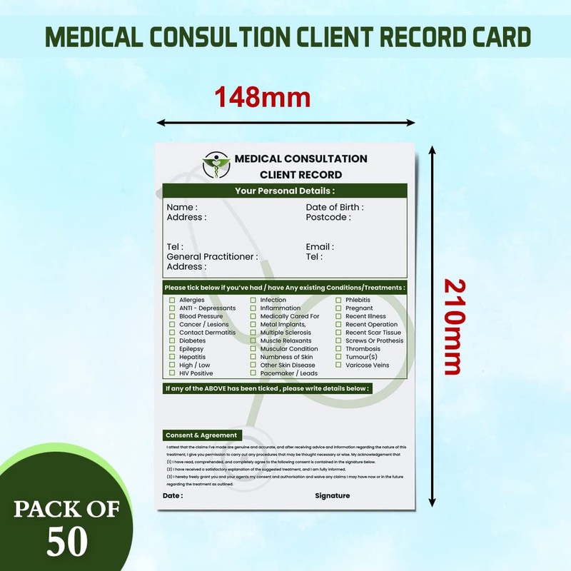 Pack of 50 Medical Client Cards A5 Portrait Client Record