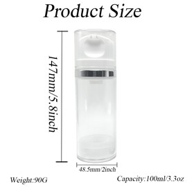 2Pcs 100ml/3.3oz Empty Refillable Clear Plastic Airless Lotion Pump Bottles with White Press Top Cosmetic Vacuum Pump Dispensers Vial Storage Container for Cream Toner Makeup