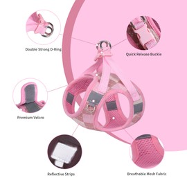 PawSailor Step-in Small Dog Harness and Lead Set No Pull No Choke Plaid Escape Proof Dog Vest Harness Breathable Soft Reflective for Puppy Small Dogs, Cats Pink XS