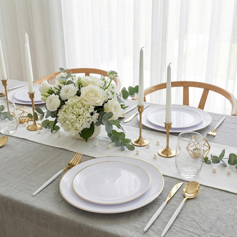 IOOOOO 150Pcs Gold Plastic Plates with Disposable Silverware,White Gold Dinnerware