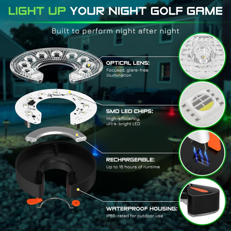 KINGTOP Rechargeable LED Golf Hole Light - Waterproof, Focused Illumination