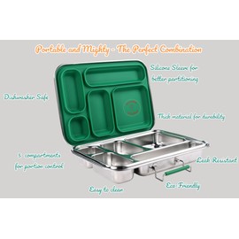 ZandH Global Stainless Steel Bento Lunch Box, 5 Compartments, 2 Bowls with Lids, Leak Resistant, Dishwasher Safe.