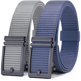 Cinturones para hombre Casual DOXUNGOO Paquete de 2 cinturones de golf, cinturón de trinquete de nailon, ajuste fácil de ajustar (Gris y marino)