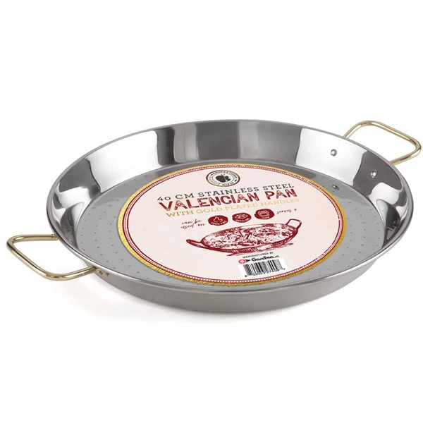 Gourmanity Made By Garcima, 16inch Stainless Steel Paella pan, 40cm Paella Pan Large From Spain, Paella Pan Stainless Steel with Gold Plated Handles, Imported Spanish Paella Dish