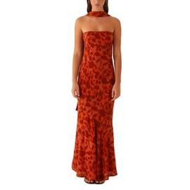 GUCURIN Women Strapless Floral Dress with Sarf Mesh Tube Maxi Dress Summer Cocktail Wedding Guest (M,Red)