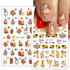 Cartoon Nail Art Adhesive Sticker 3D Self-Adhesive Nail Decals Art Design Holographic Ice Cream Pizza Giraffe Nail Art Sticker Decoration for Women Manicure Tips Acrylic Nails DIY Nails Art Supplies