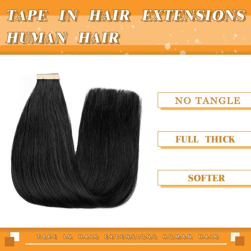 YDDM 20pcs 16 Inch Tape in Hair Extensions, Jet Black