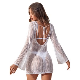 COZYEASE Women's Long Sleeve Backless Knitted Cover Up Swimsuit Hollow Out Crochet Swimwear Beach Dress White M