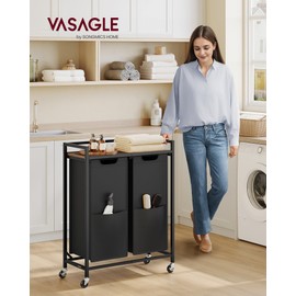 VASAGLE Laundry Sorter, 29 Gal. (110 L) Laundry Hamper Basket with 2 Compartments, Rolling Cart with Wheels, Shelf, Removable Bags, Pockets, Ink Black and Rustic Brown UBLH021B01