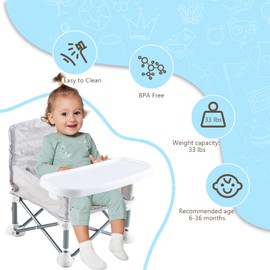 Portable Baby Chair with Removable Tray – Folding Booster Seat for Toddlers 6 Months to 3 Years, Lightweight Travel Highchair for Camping, Beach, Outdoor & Dining Table Use