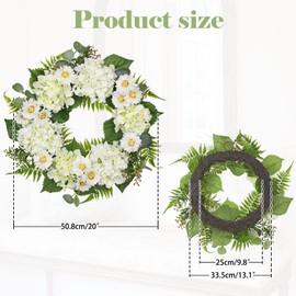 Arborus 20'' Spring Wreaths for Front Door Realistic White Hydrangea Daisy Artificial Wreath Foliage Flowers Floral Home Decor, Farmhouse Wall Windowsill Mantle Decorations