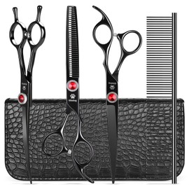 GLADOG 7 Inch Professional Dog Grooming Scissors Kit, 5-in-1 Titanium Coated Pet Grooming Shears Set, Heavy Duty Grooming Scissors for Dogs (Pro Black)