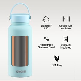OKAM 950mL Insulated Water Bottle - Stainless Steel Double Wall Waterbottle, Blue, Vacuum Insulated, BPA-Free, Leak-Proof Lid, Hot/Cold 12hrs, Wide Mouth - Gym, Outdoor, Office Drink Bottles Insulated