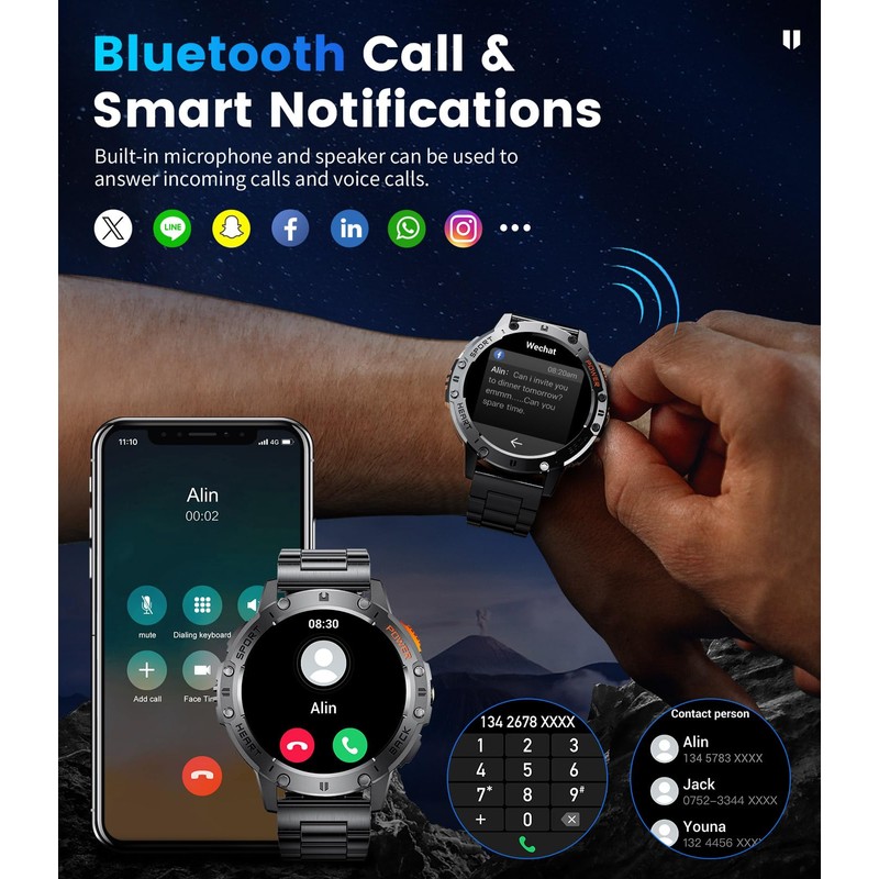 Military Smart Watches for Men(Answer/Make Calls) with LED Flashlight,530mAh Large