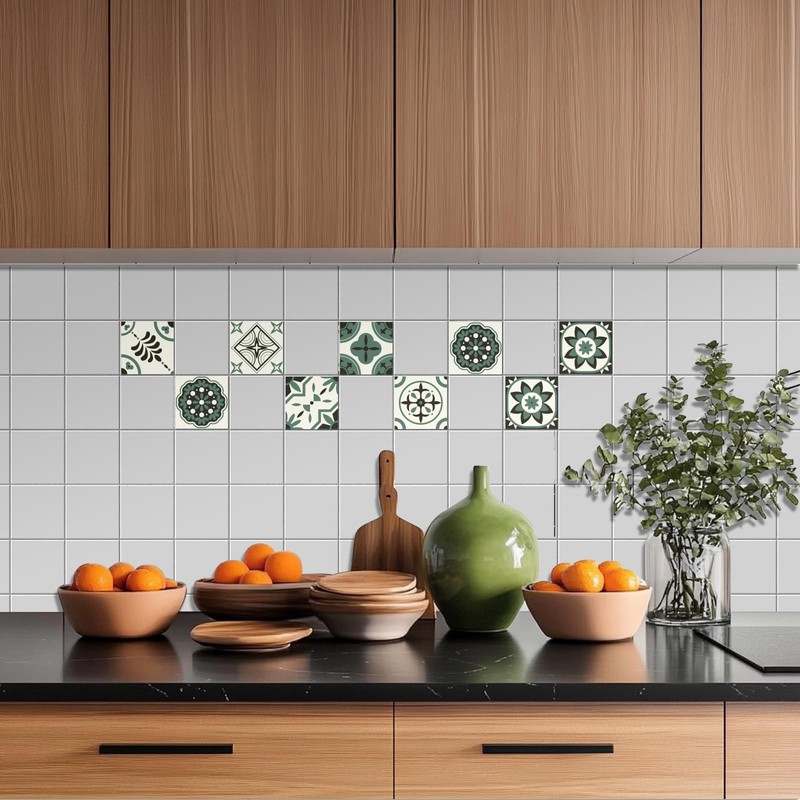 CHGCRAFT 36pcs 9 Styles Moss Green Pattern Tile Stickers Waterproof