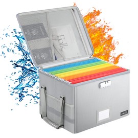 Upgraded File Box with Lock, Fireproof Document Box File Cabinet File Organizer Box with Water-Resistant Zipper & Adjustable Handle, Collapsible Filing Cabinet for Hanging Letter/Legal Folder (Grey)