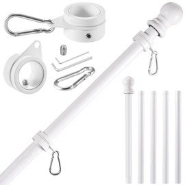 BONWIN White Flag Pole Kit for Outside House, 6 FT Thickened Stainless Steel Wall Mount Flag Pole for 3x5'/ 4x6' American Flag, 1" Anti-Wrap Spinning Flagpole Rings Hardware Kits for Porch Yard