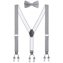 WANYING Men's Y-shape 3.5 cm wide 6 clips braces and bow ties 2 in 1 set highly elastic length adjustable casual business - for height up to 200 cm, F01 Striped Grey with 1 Bow Tie