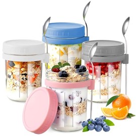 Ausein Recipientes de Avena de 350ML, 4 Pack Tarros de Vidrio con Tapa Hermética y Cuchara, Overnight Oats Jar Reutilizables para Yogurt, Café, Té,...