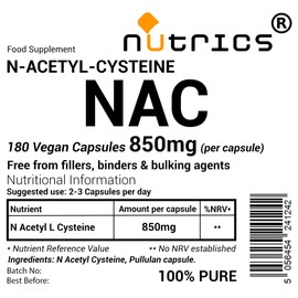 Nutrics® NAC 850mg (per Capsule) N Acetyl Cysteine 180 V Capsules - 100% Pure - Free from fillers Binders & Bulking Agents - N Acetyl L CYSTEINE (180)