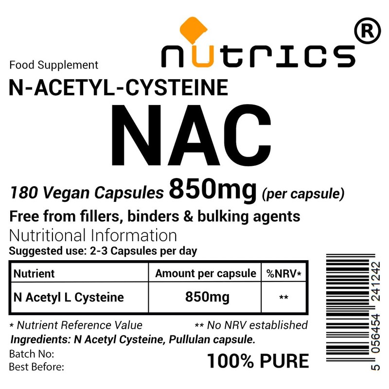 Nutrics® NAC 850mg (per Capsule) N Acetyl Cysteine 180 V