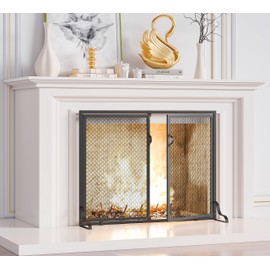 Kingson 37.8x30.7 in Flat Fireplace Screen with Doors, 2-Pannel Handcrafted Solid Wrought Iron Decorative Mesh Classic Fireplace Spark Guard-Black